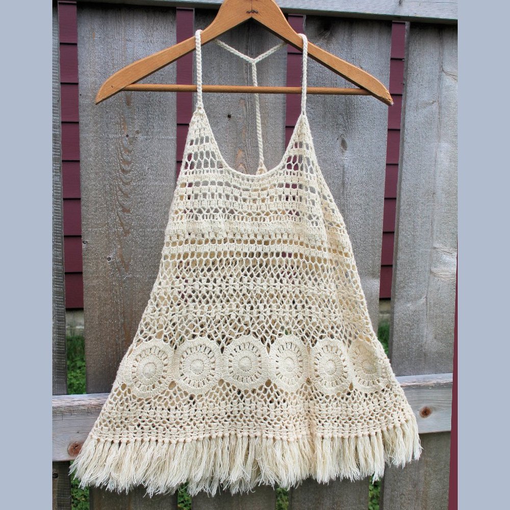 Boho Crochet Racer Back Tank Top Cream Medium